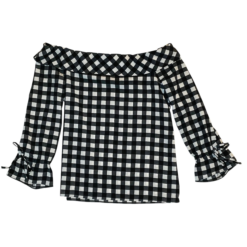 BANANA REPUBLIC Women's Black White Off-Shoulder Brooks Gingham Check Blouse  S